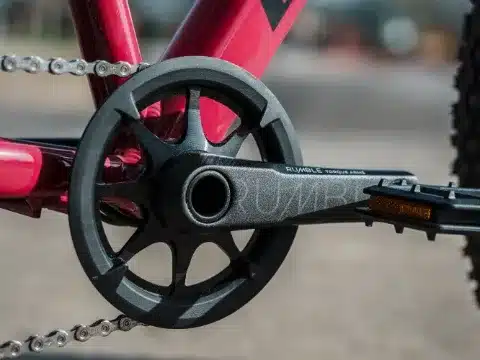 Nahaufnahme der Kurbelgarnitur mit Kette und Pedal eines roten BULLS Tokee Disc 24 Fahrrads.