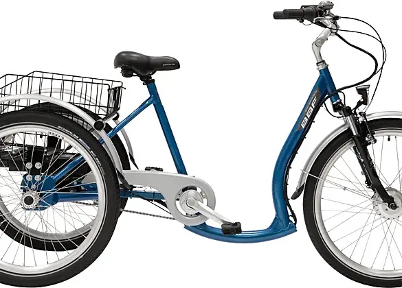 Seitenansicht eines blauen eSpecialrider 3.1 Dreirads mit tiefem Einstieg, Gepäckträger und Scheibenbremsen.