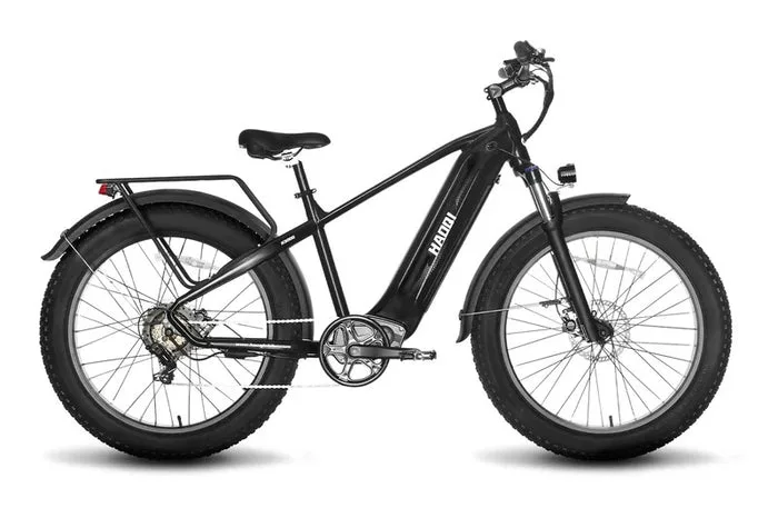 HAQQI Eagle E-Bike All-Terrain in Schwarz mit breiten Reifen und Gepäckträger.
