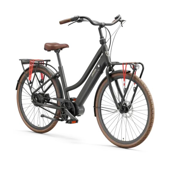 Seitenansicht eines Lekker Jordaan GTS E-Bikes in Dunkelgrau mit braunen Akzenten, ausgestattet mit Gepäckträgern vorne und hinten.