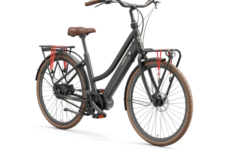 Seitenansicht eines Lekker Jordaan GTS E-Bikes in Dunkelgrau mit braunen Akzenten, ausgestattet mit Gepäckträgern vorne und hinten.