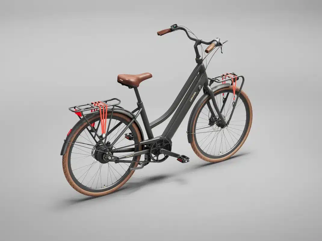 Seitenansicht eines grauen Lokker Jordaan GTS E-Bikes mit braunem Sattel und Griffen.