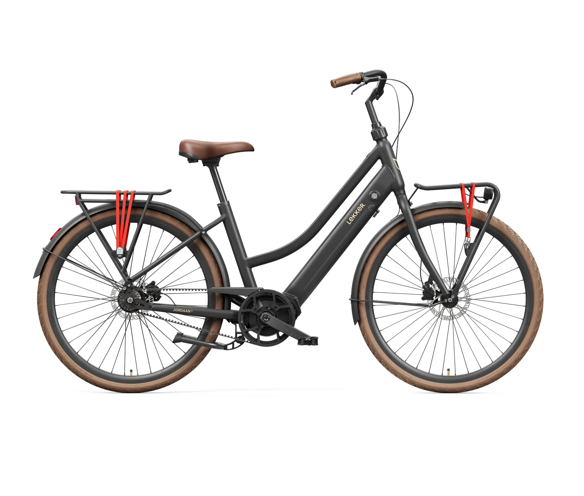 Graues LEKKER Jordaan Urban E-Bike mit braunem Sattel und Griffen, ausgestattet mit Front- und Heckgepäckträger.