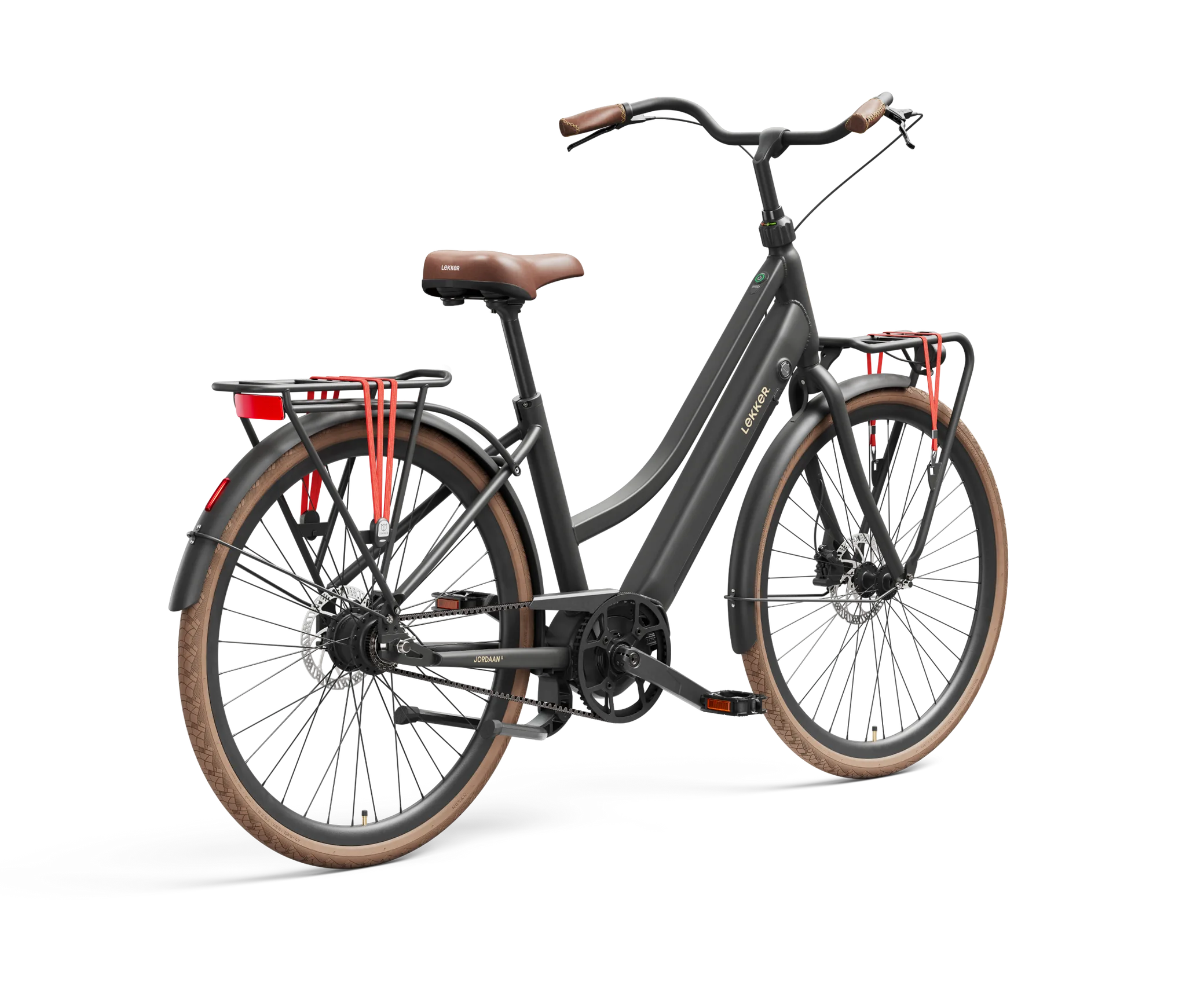 Graues LEKKER Jordaan Urban E-Bike mit braunen Griffen und Sattel, Front- und Heckgepäckträger, sowie braunen Reifen.