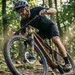 Ein Mann fährt ein goldfarbenes Storck Adrenalin Mountainbike auf einem Waldweg mit aufgewirbeltem Staub.