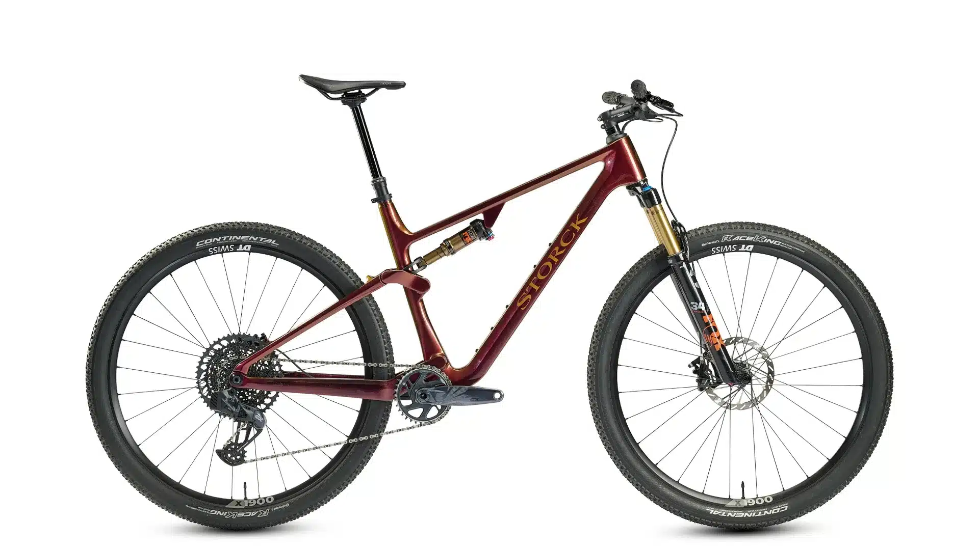 Seitenansicht eines roten Storck Adrenalin Mountainbikes mit Vollfederung und integriertem Cockpit.