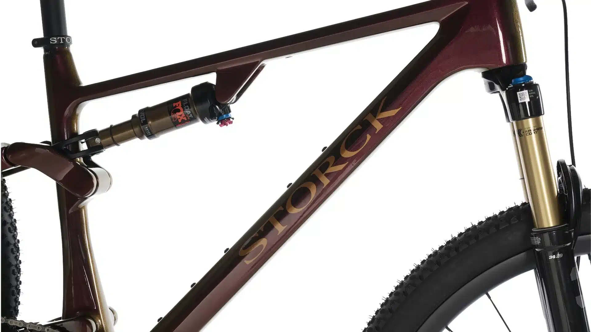 Detailaufnahme eines Storck Adrenalin Mountainbikes mit Fokus auf den Carbon-Rahmen, den Dämpfer und die Vorderradgabel.