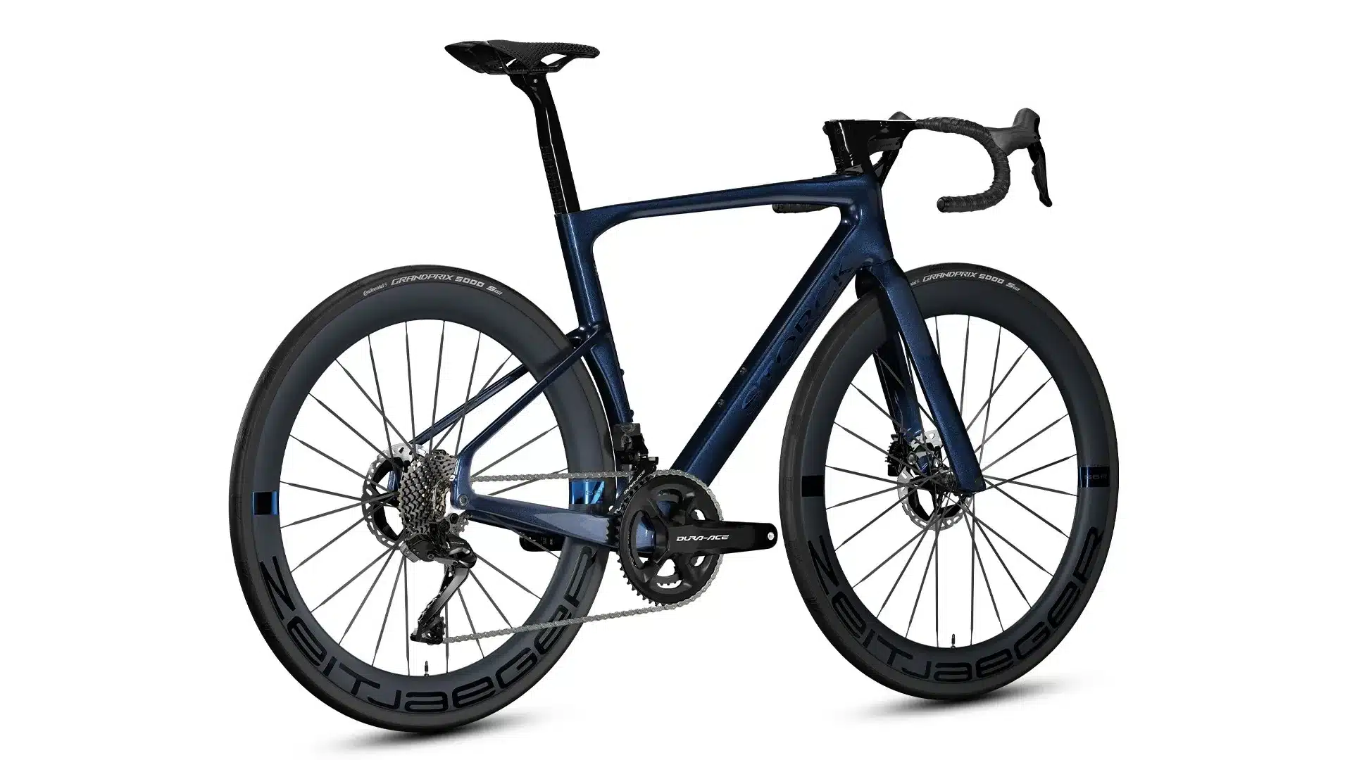 Storck Fascenario.5 30th Rennrad in dunklem Blau mit Carbon-Rahmen und Aero-Laufrädern, von der Seite betrachtet.