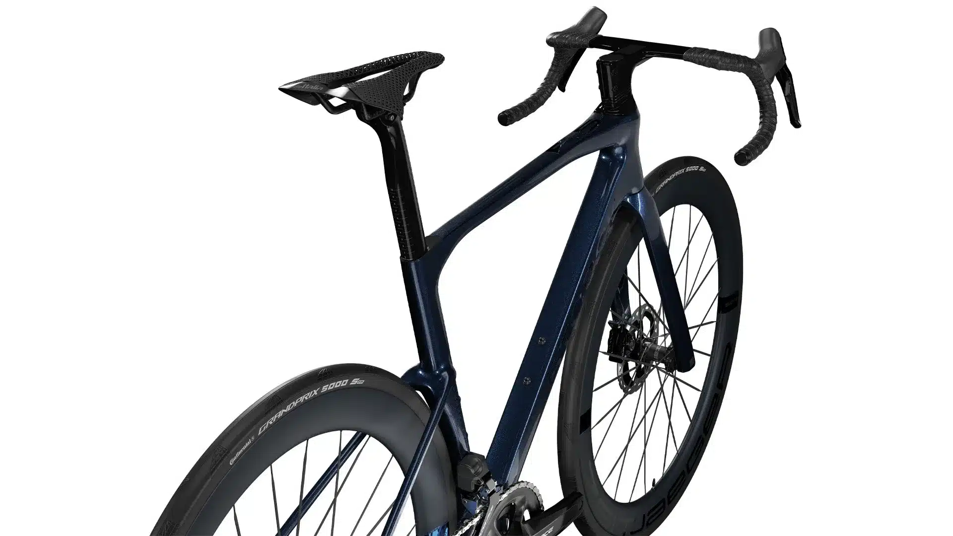 Dunkelblaues Storck Fascenario.5 30th Rennrad mit Carbon-Monocoque-Rahmen, aerodynamischen Rohformen und integrierter Kabelverlegung.