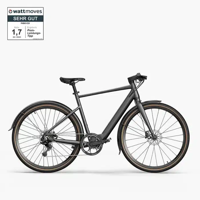 Das Fiido C21 ist ein schwarzes E-Bike mit Vollfederung und integriertem Akku, das für den Einsatz in der Stadt und auf leichten Schotterwegen konzipiert ist.