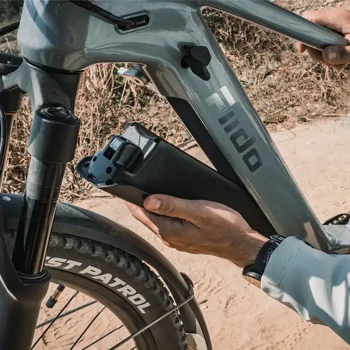 Nahaufnahme des Fiido Nomads Pro E-Bikes, bei dem eine Hand den abnehmbaren Akku aus dem Rahmen zieht.