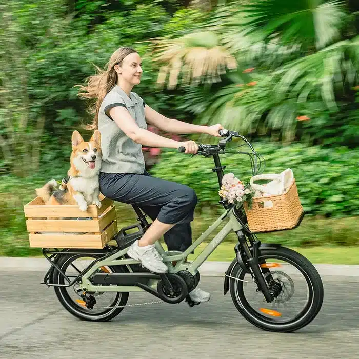 Frau fährt Fiido T3 Lastenrad mit Hund und Blumen
