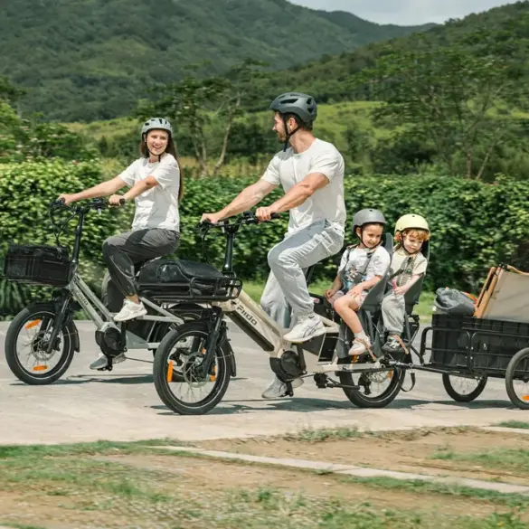 Ein Mann fährt ein beiges Fiido T3 Max Longtail-Fahrrad mit zwei Kindern auf Kindersitzen im hinteren Bereich und zieht einen schwarzen Anhänger hinter sich her. Eine Frau fährt ein ähnliches Fahrrad daneben. Beide Fahrräder sind auf einer asphaltierten Straße in einer landschaftlich reizvollen Gegend unterwegs.