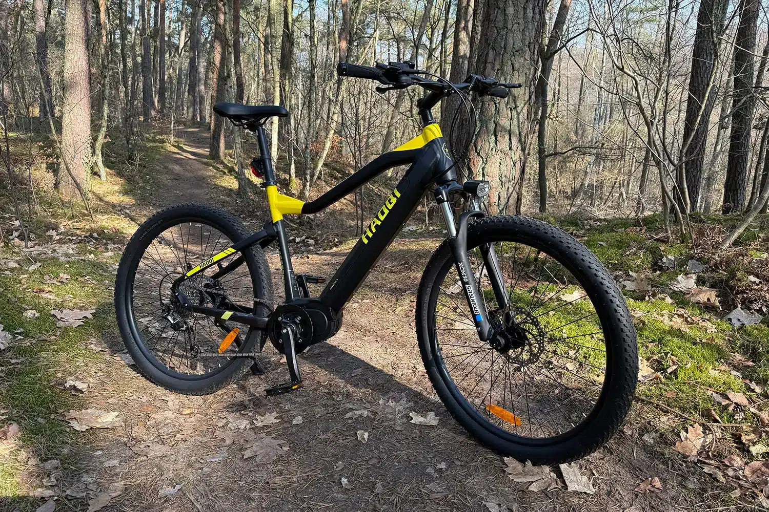 Schwarzes und gelbes HAOQI Cheetah All-Terrain E-MTB steht auf einem verschlungenen Waldweg, umgeben von Bäumen und Laub.
