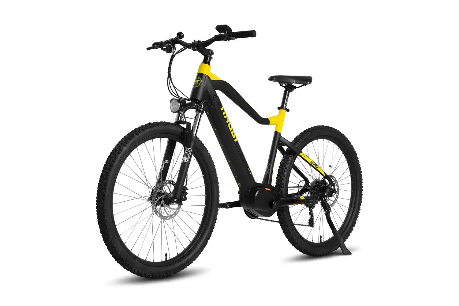 Vollansicht eines schwarzen und gelben HAOQI Cheetah All-Terrain E-MTB mit weißem Hintergrund.
