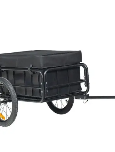 Schwarzer Lastenanhänger mit zwei Rädern und abnehmbarer Box, angekoppelt an ein unsichtbares Fahrrad.