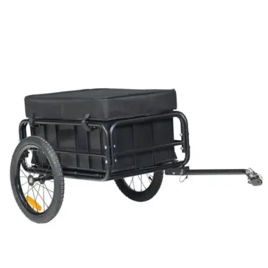 Schwarzer Lastenanhänger mit zwei Rädern und abnehmbarer Box, angekoppelt an ein unsichtbares Fahrrad.