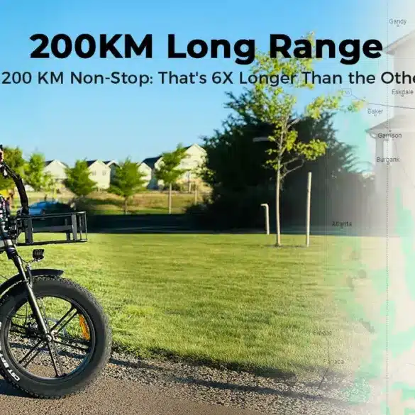 Eine Frau fährt ein Rattan LM Ultra E-Bike im Freien, mit einem Korb vorne und Gepäckträger hinten.