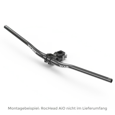 Schwarzer RocBar Riser Lenker mit Klemmung und silbernen Details.