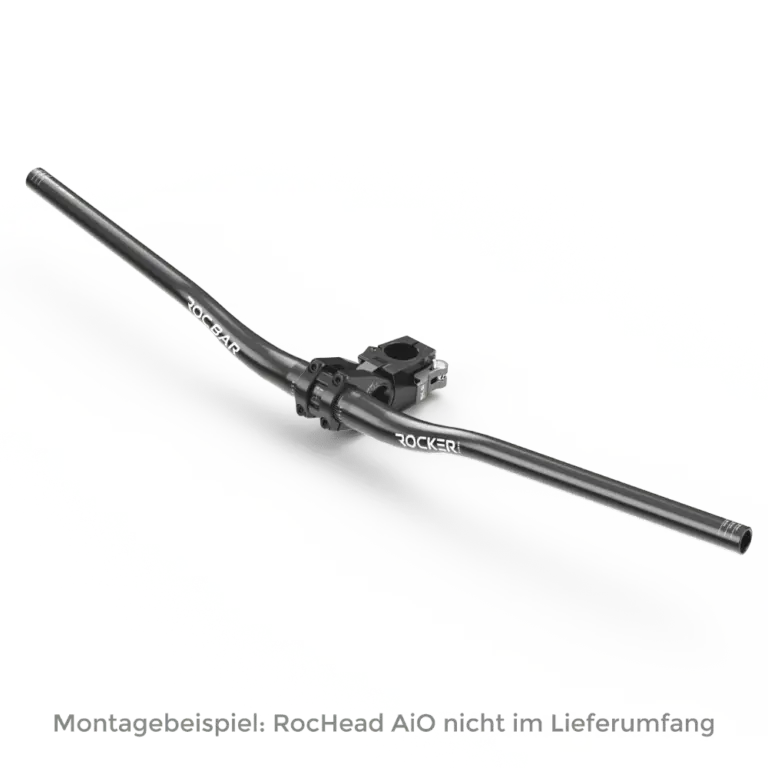 Schwarzer RocBar Riser Lenker mit Klemmung und silbernen Details.