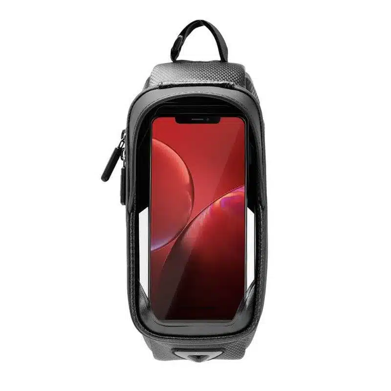 Detailansicht der ROCKBROS B68 Fahrrad Rahmentasche mit einem Smartphone, das durch eine transparente Folie sichtbar ist.