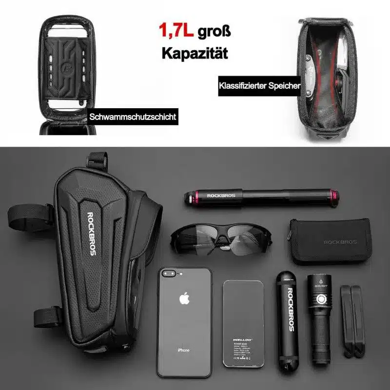 Übersichtliche Darstellung der ROCKBROS B68 Fahrrad-Rahmentasche mit aufbewahrten Gegenständen wie Smartphone, Sonnenbrille, Luftpumpe und Werkzeug.