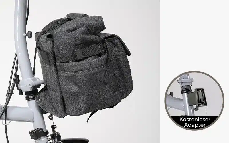Nahaufnahme der grauen ROCKBROS Lenkertasche, befestigt an der Vorderseite eines Brompton-Faltrads, mit einem Detailbild des Befestigungsadapters.