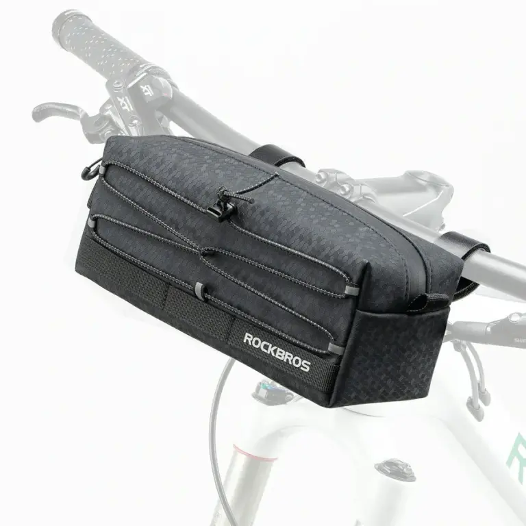 Schwarze ROCKBROS Lenkertasche, befestigt am Lenker eines Fahrrads.