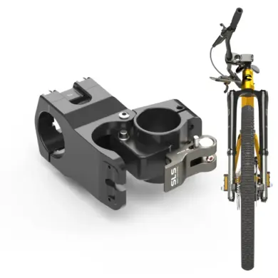 Schwenkbarer Fahrradvorbau RocStem Bend in Schwarz mit einer daneben abgebildeten Fahrradfront.