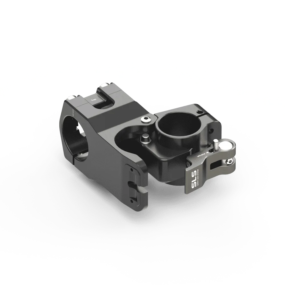 Detailaufnahme eines schwarzen, schwenkbaren Fahrradvorbaus namens RocStem Bend mit der SwingBack™ Technologie.