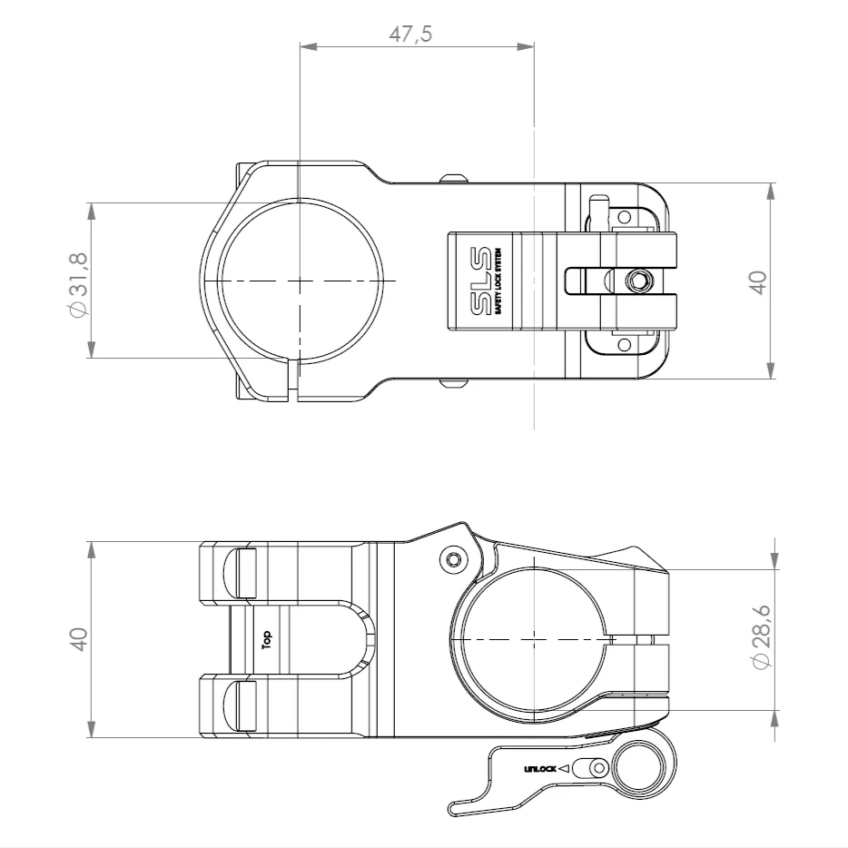 Technische Zeichnung mit Draufsicht und Seitenansicht eines Fahrradvorbaus mit den Maßen 47,5 mm Auslegerlänge und 31,8 mm Lenkerdurchmesser. Die Zeichnung zeigt auch die SwingBack™-Mechanik.