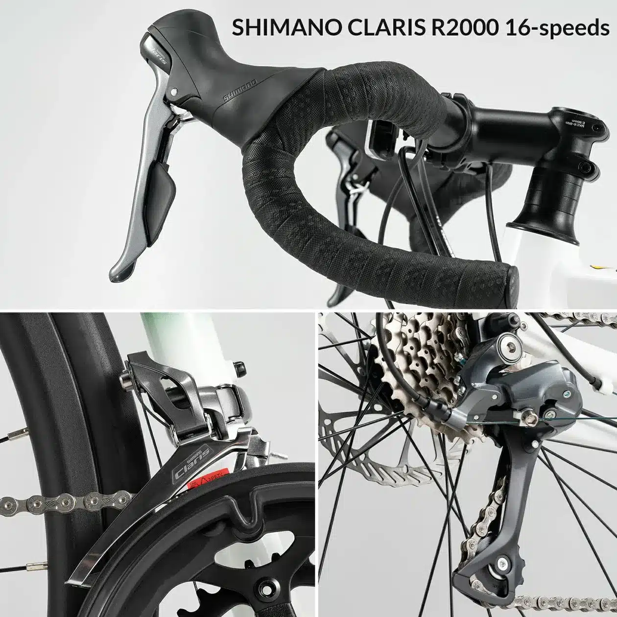 Nahaufnahme der Shimano Claris R2000 Schaltungsgruppe eines Rennrads mit Fokus auf Lenker, Schalthebel, Umwerfer und Schaltwerk.