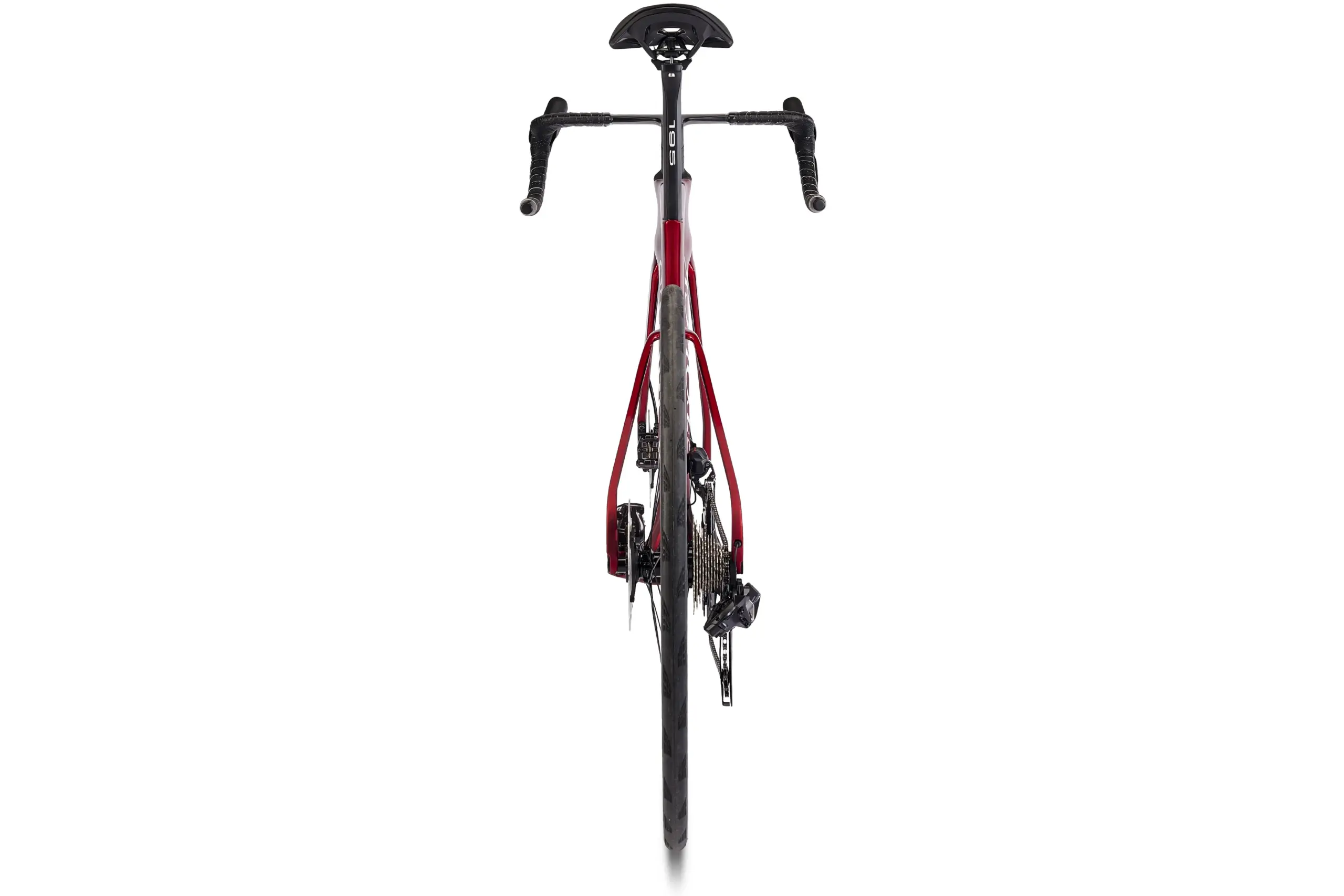 Draufsicht eines roten Storck Aerfast Carbon-Rennrads mit schwarzem Lenker und Sattel, Vorder- und Hinterrad sichtbar.