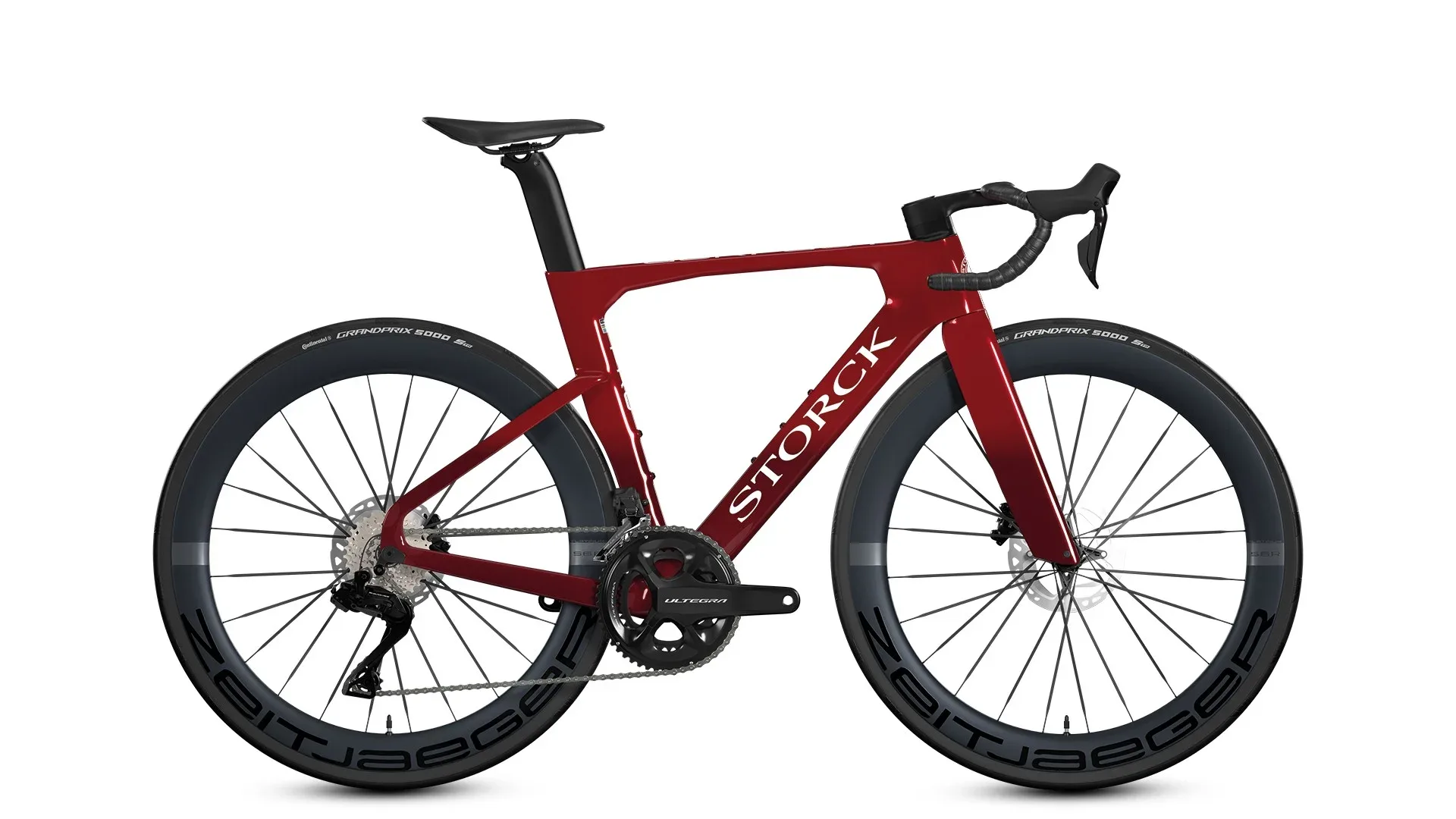 Seitenansicht eines roten Storck Aerfast.5 Carbon-Rennrads mit schwarzen Felgen und Felgenhorn-Aufschrift.