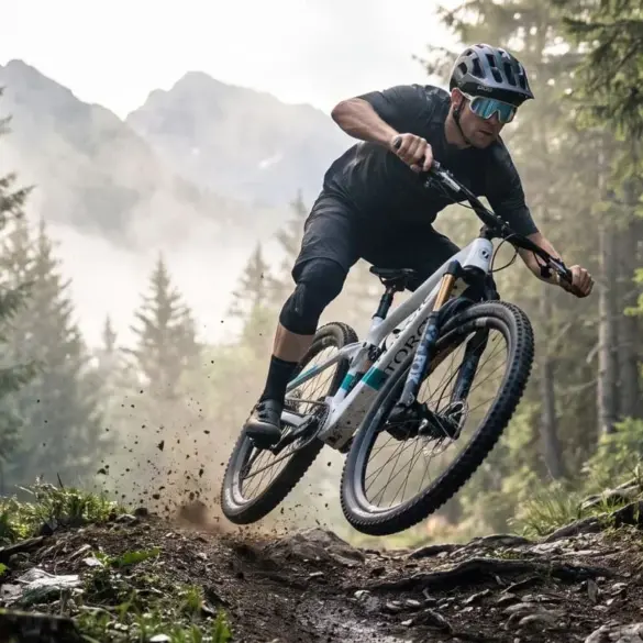 Fahrer eines Storck e:drenalin E-Mountainbikes fährt einen felsigen Waldweg im Downhill.