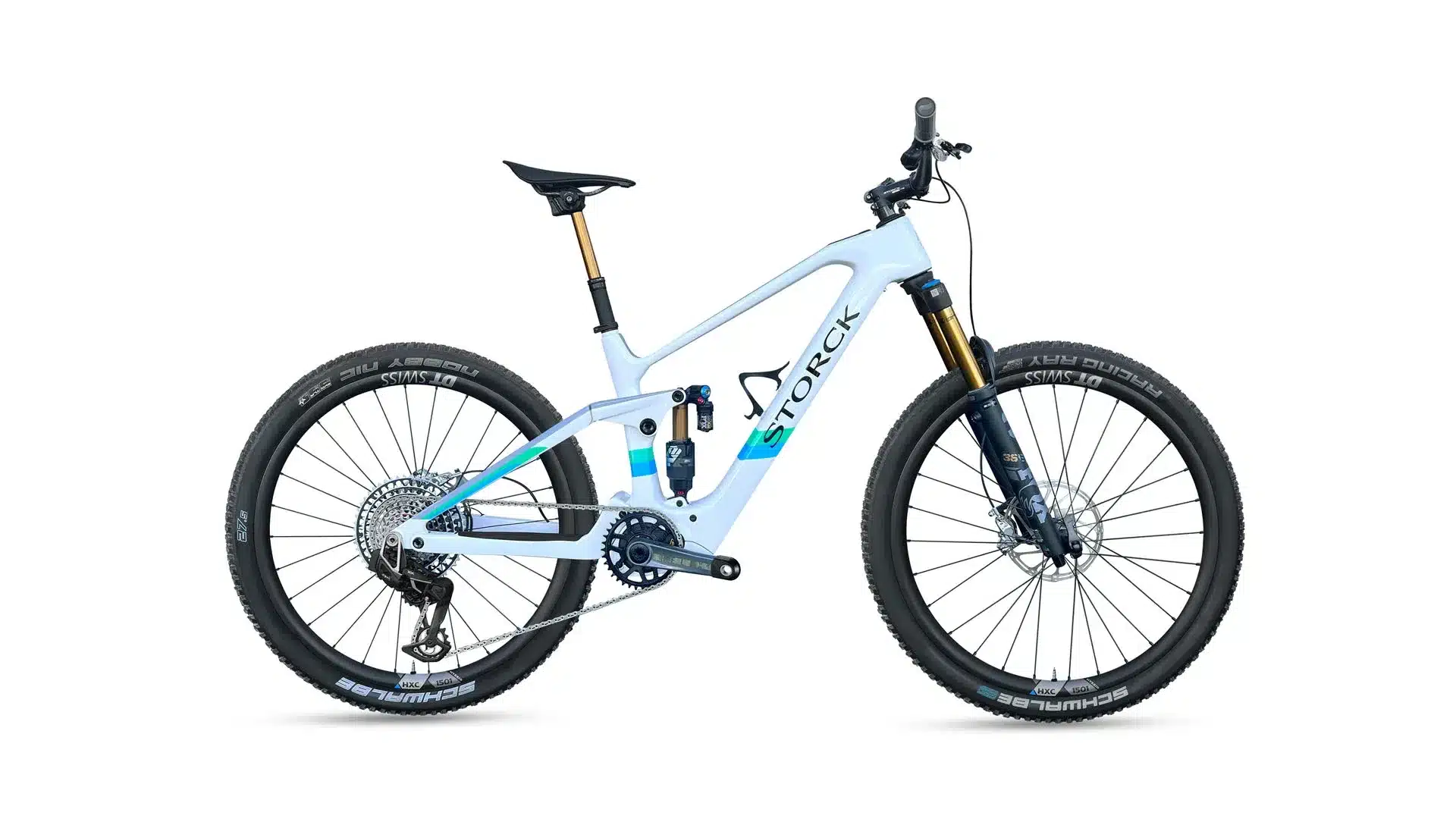 Weißes Storck e:drenalin.3 M2S E-Enduro Mountainbike mit blauen und türkisen Akzenten, seitlich abgebildet.