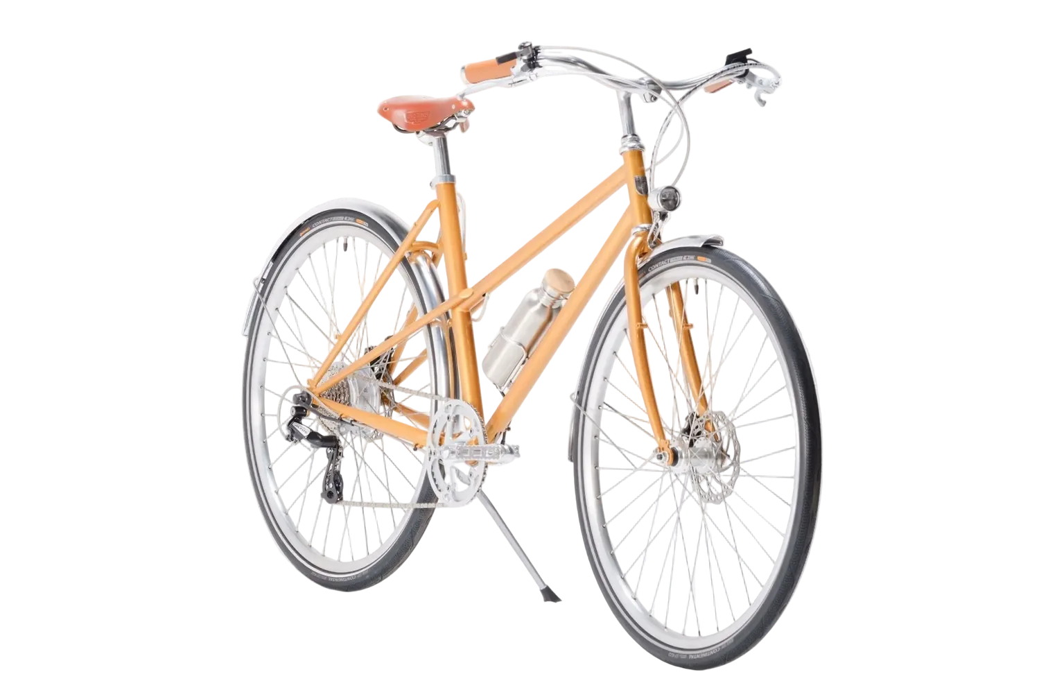 Seitenansicht eines orangefarbenen Capri Azur Stinger E-Bikes mit silbernen Felgen, braunem Sattel und Lenkergriffen. Ein Wasserflaschenhalter ist am Rahmen angebracht.