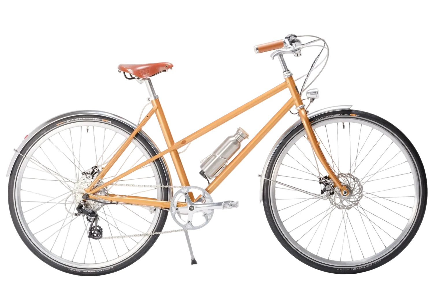 Seitenansicht eines orangefarbenen Capri Azur Stinger Orange 4 Stadtrades mit 28-Zoll-Rädern und einer silbernen Wasserflasche im Flaschenhalter.