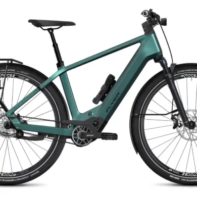Seitenansicht des Flyer G1 Upstreet TR:CF 7.63 Pinion MGU E1.12S 700Wh Herren-E-Bikes in Jasper Green Satin.