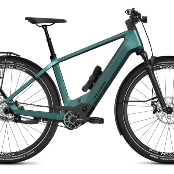 Seitenansicht des Flyer G1 Upstreet TR:CF 7.63 Pinion MGU E1.12S 700Wh Herren-E-Bikes in Jasper Green Satin.