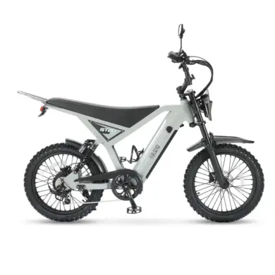 Seitenansicht eines OUXI GT20 Pro Skinnybikes in Hellgrau mit schwarzen Reifen, Federung und sportlichem Rahmen.