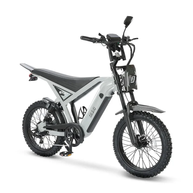 Seitenansicht eines grauen OUXI GT20 Pro Skinnybikes mit schwarzen Reifen und Felgen, Federgabel und hinterer Federung.