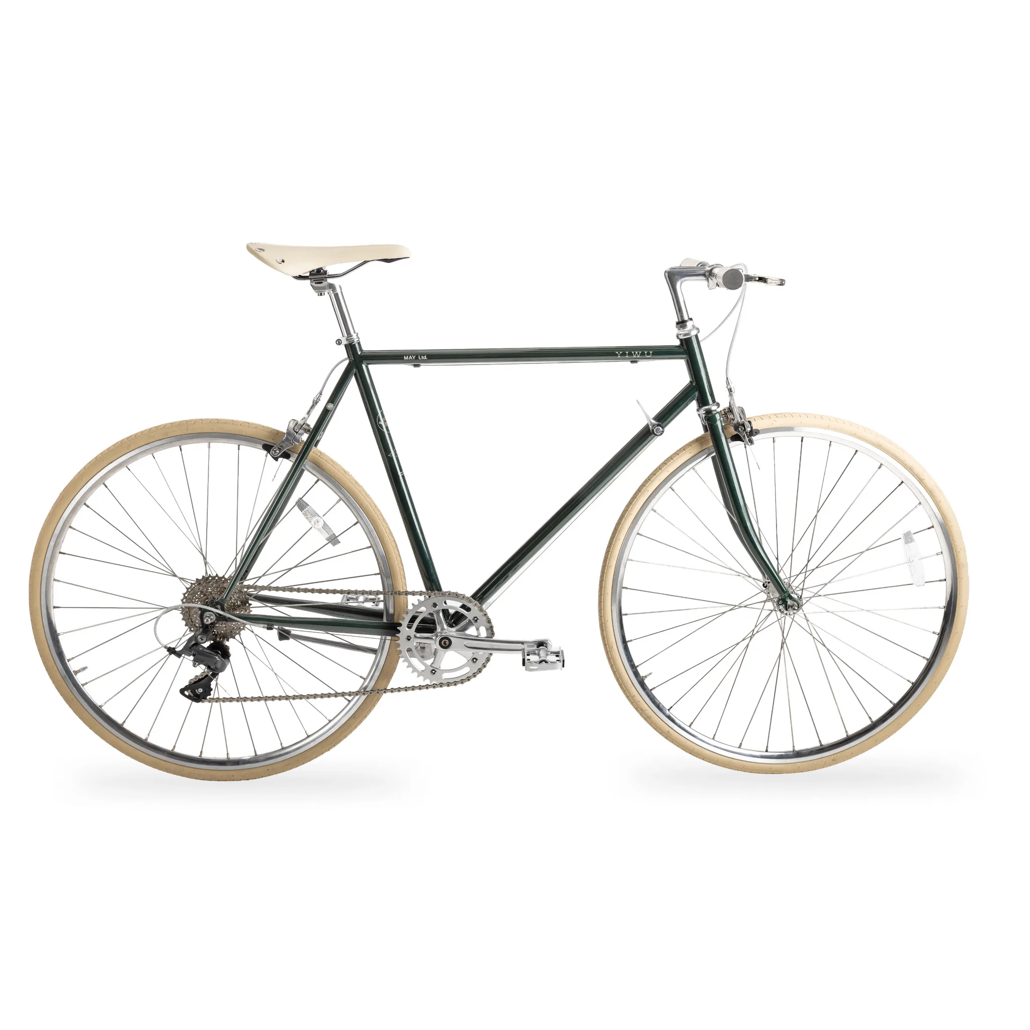 Seitenansicht eines YIWU+ Racing Green Citybikes mit beiger Sattel und cremefarbenen Griffen.