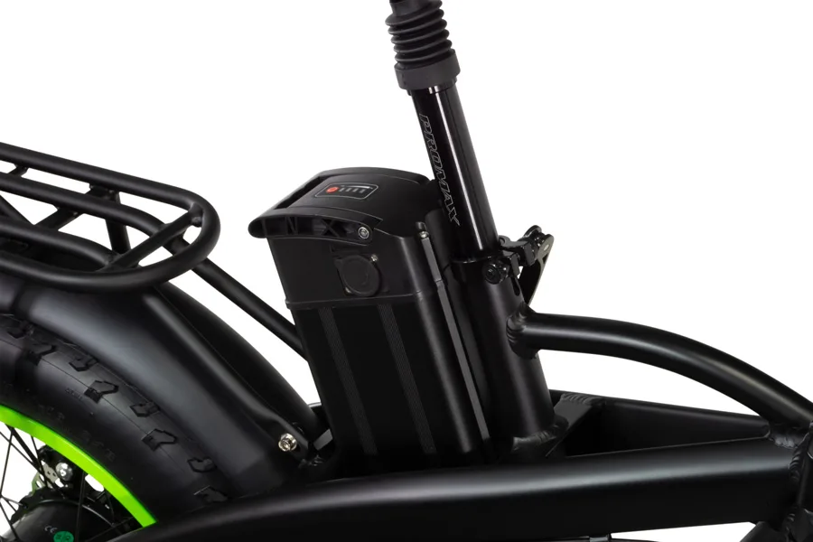 Detailbild des Varaneo Dinky S E-Bikes mit Fokus auf den montierten Akku und Teile des Rahmens.
