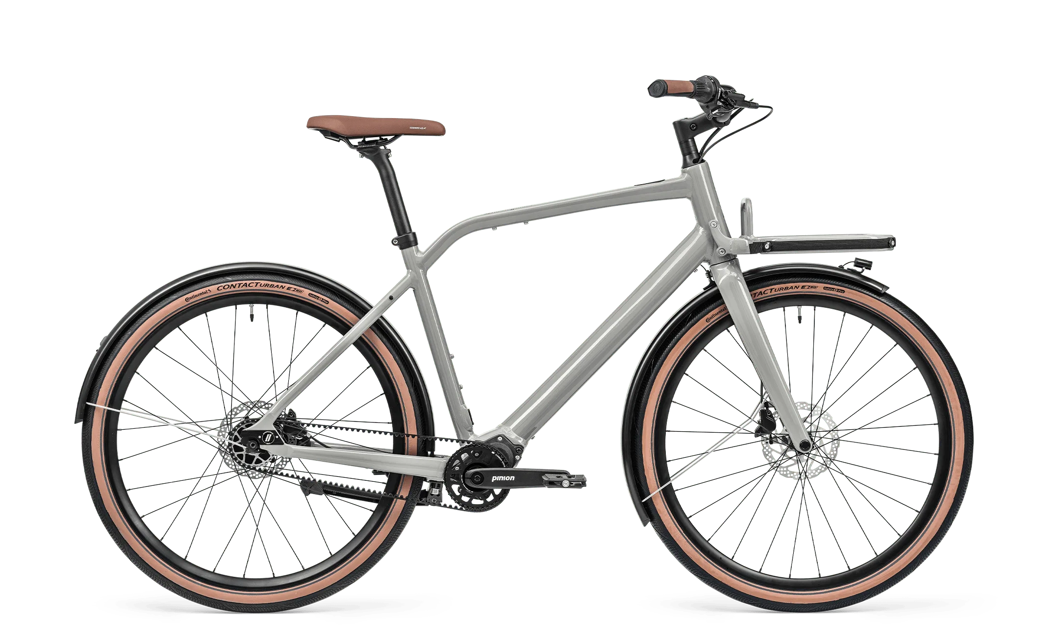 Seitenansicht eines grauen Schindelhauer Emil E-Bikes mit braunem Sattel und braunen Griffen, ausgestattet mit Pinion-Getriebe und Continental-Reifen.