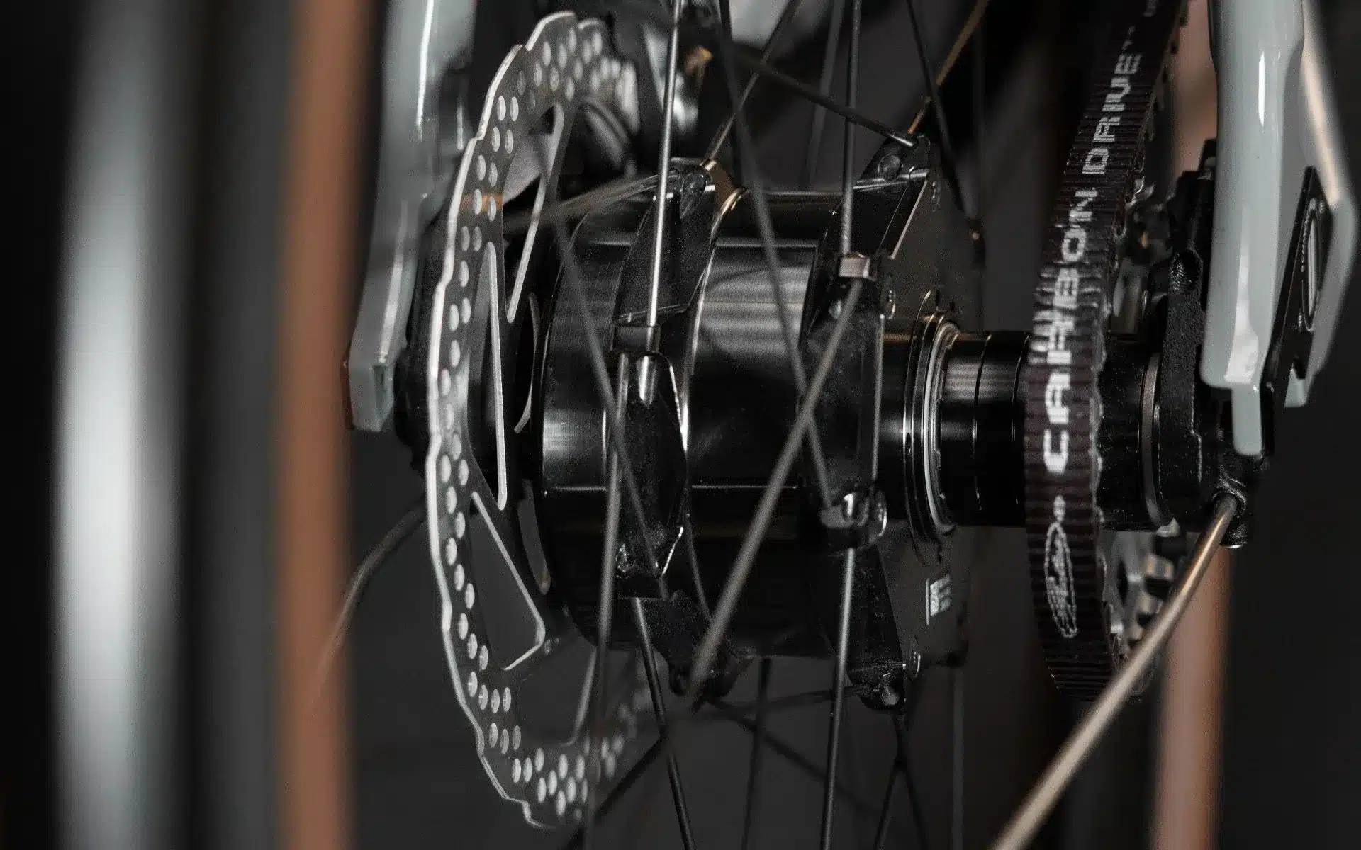 Detailaufnahme der technischen Komponenten des Hinterrads eines Schindelhauer Emil E-Bikes, Fokus auf den Gates Carbon Drive Riemenantrieb und die Scheibenbremse.