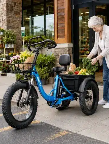 Eine ältere Frau mit grauen Haaren und Jeans steht vor einem Supermarkt und lädt frisches Gemüse und Brot in die Ladebox eines blauen Eskute T302 Pro Lastendreirads. Das Dreirad hat vorne einen Korb mit einer Einkaufstasche und ist mit dicken Reifen ausgestattet.