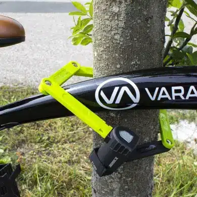 Fahrradschloss ETook ET 490L in Grün, das ein Fahrrad an einem Baum sichert