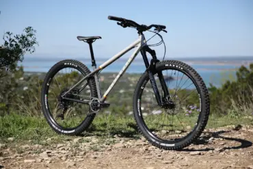 Seitenansicht eines grauen Fairdale Elevator Mountainbikes mit schwarzen Reifen und Felgen, das auf einem steinigen und grasbewachsenen Untergrund steht.