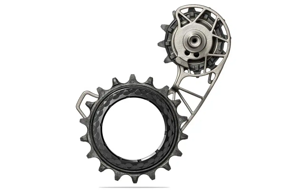 Nahaufnahme eines HOLLOWcage Schaltwerkskäfigs mit Zahnrädern und Keramiklagerung.